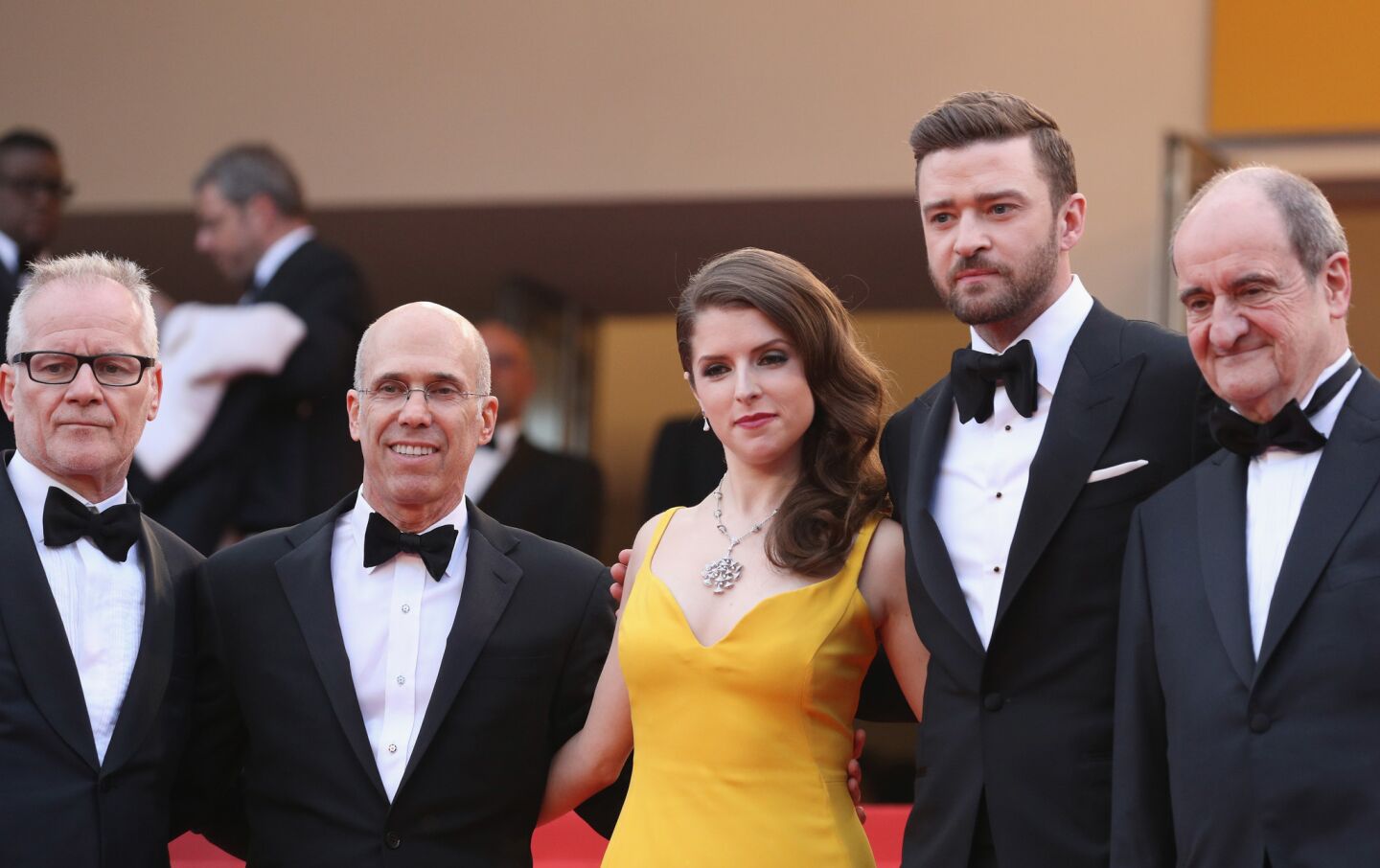 Festival director Thierry Fremau, from left, producer Jeffrey Katzenberg, actors Anna Kendrick and Justin Timberlake and festival president Pierre Lescure at the "Cafe Society" premiere and opening night gala.