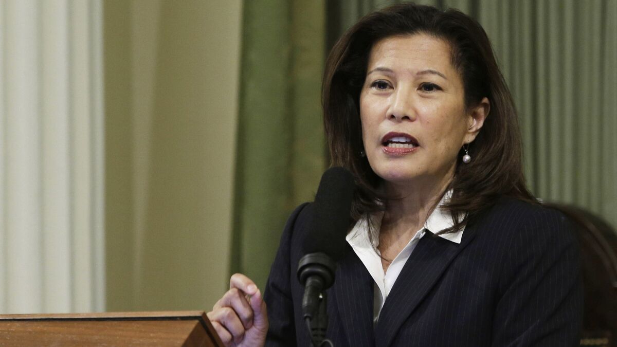 The California Supreme Court heard arguments in a case involving a state law that sought to rein in pension costs by doing away with "air time" -- years that state workers could add to their work history by paying a fee. Above, Chief Justice Tani Cantil-Sakauye.