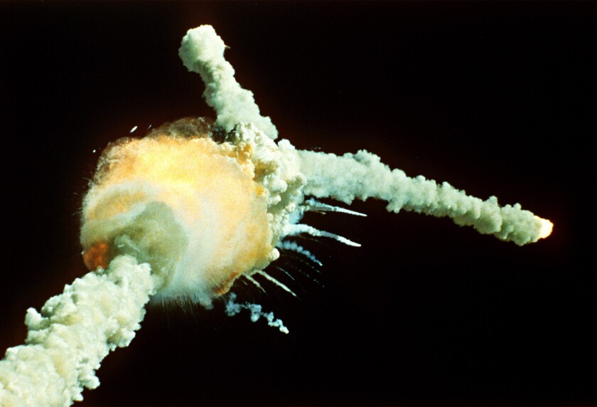 The space shuttle Challenger explodes shortly after lifting off from Kennedy Space Center on Jan. 28, 1986.