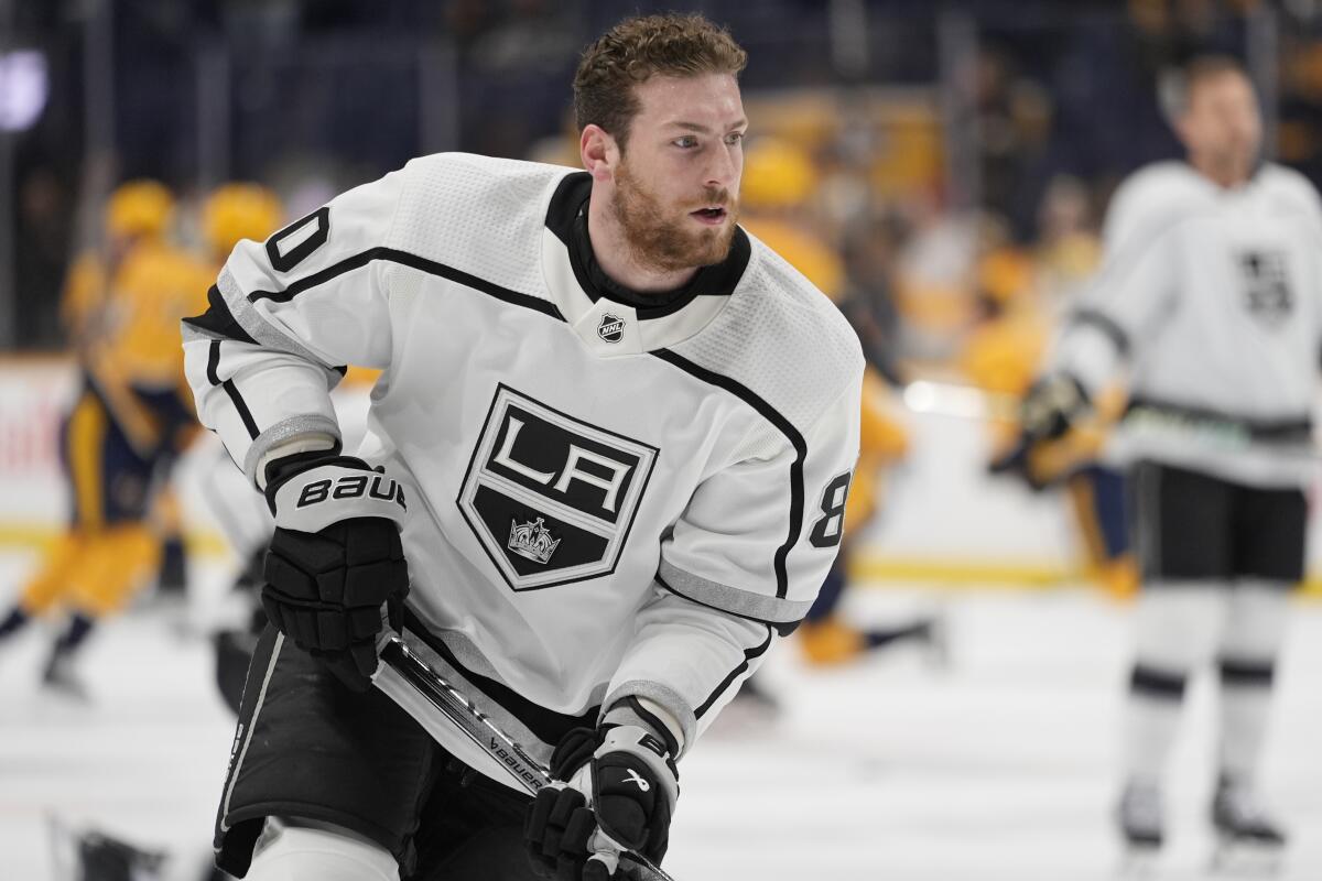 Kings center Pierre-Luc Dubois warms up before a game against the Nashville Predators in January.