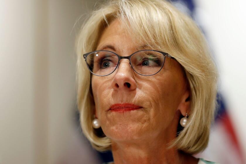 Education Secretary Betsy DeVos pauses while speaking with the media after a series of listening sessions about campus sexual violence, Thursday, July 13, 2017, in Washington. (AP Photo/Alex Brandon)