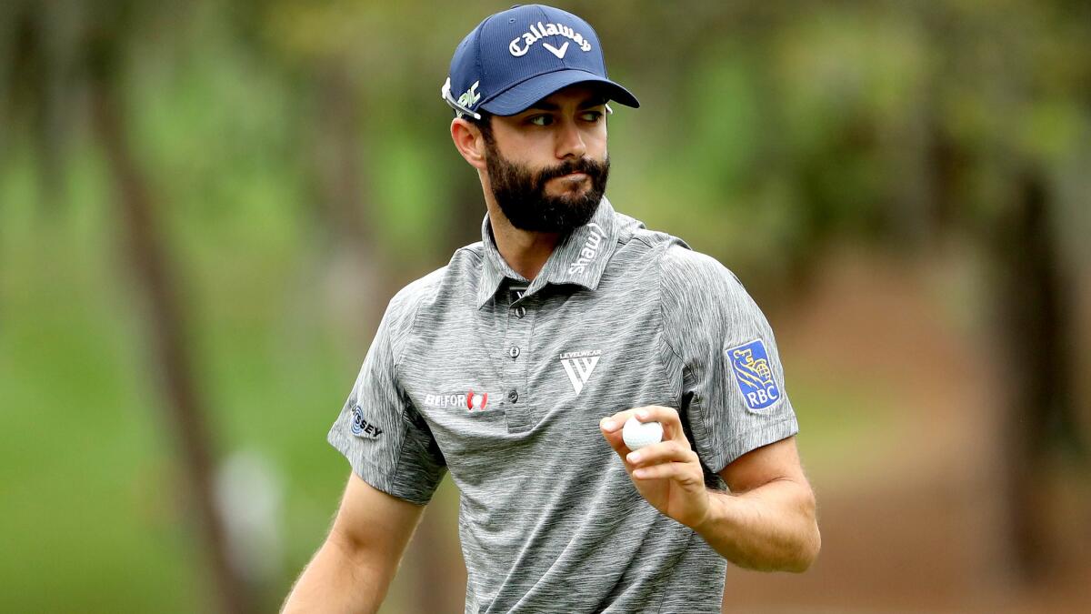 Adam Hadwin reacts after making a putt at No. 2 during the final round of the Valspar Championship on Sunday.