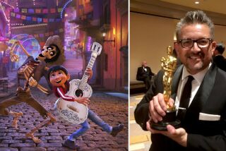 Lalo Alcaraz, pictured right, is a San Diego State University alumnus who worked as a cultural consultant for the Disney-Pixar movie Coco. In this image released by Disney-Pixar, character Hector, voiced by Gael Garcia Bernal, left, and Miguel, voiced by Anthony Gonzalez, appear in a scene from the animated film, "Coco." Pixar's "Coco" swept the 45th Annie Awards, winning 11 awards at the annual ceremony honoring the year's best in animation.