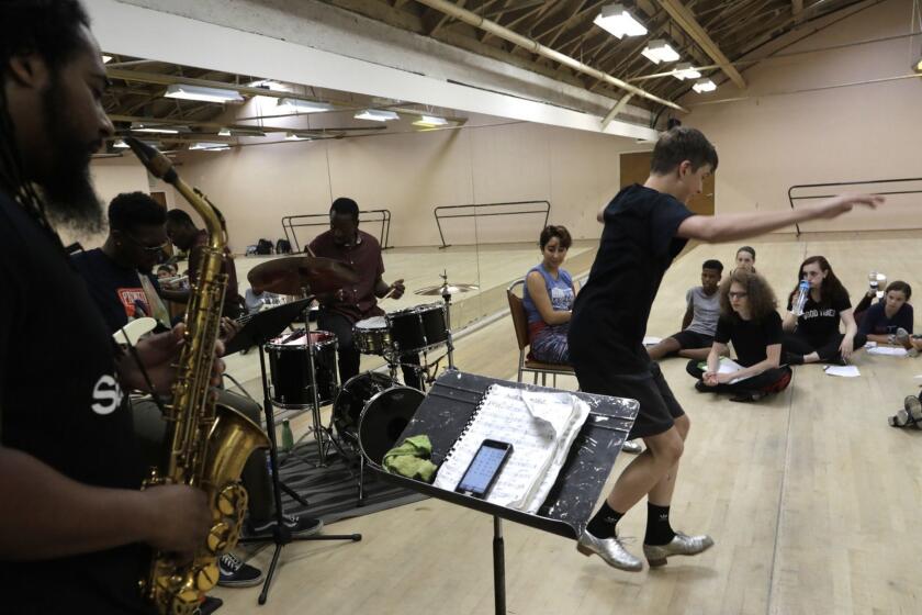 LOS ANGELES, CA -- JUNE 26, 2019: Colton Hagler, 15, taps with a live band during the Tap Music Project Intensive, a week-long tap dance workshop at the Dance Arts Academy in Los Angeles. The school will be leaving at the end of June because the building was sold. (Myung J. Chun / Los Angeles Times)