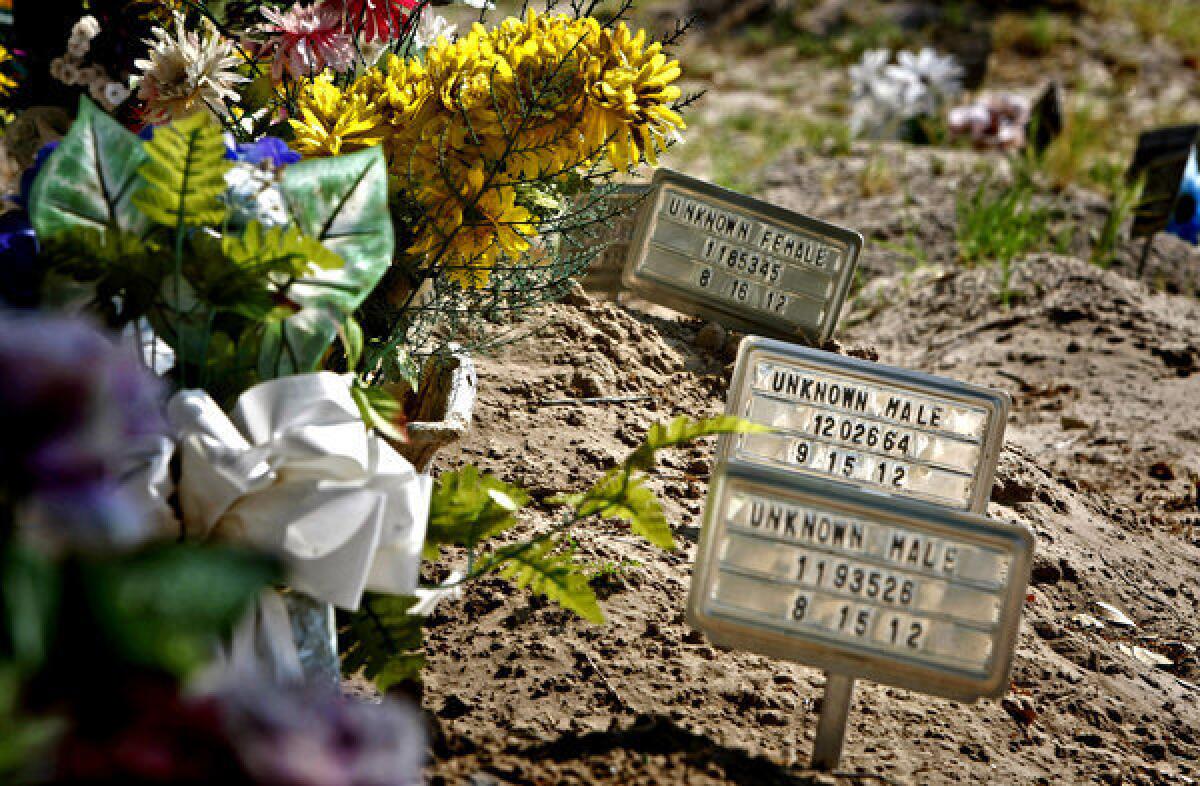 Aluminum signs and artificial flowers mark the graves of unidentified migrants buried in Sacred Heart Cemetery in Falfurrias, Texas.
