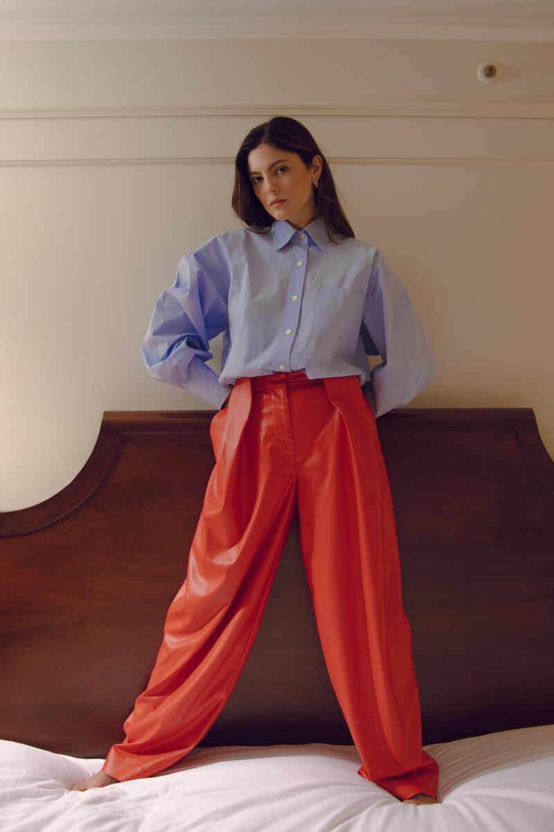 London, UK. January 26, 2025 - Monica Barbara the first-time Oscar nominee who plays Joan Baez in the Bob Dylan pic "A Complete Unknown" is photographed at The Langham Hotel, London on Sunday, Jan. 26, 2025. (Jennifer McCord/For The Times)