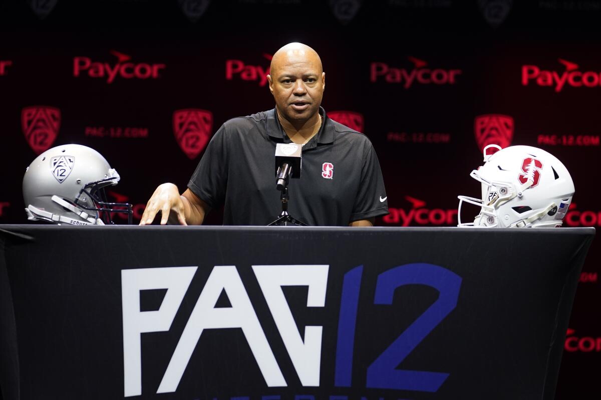 Stanford football coach David Shaw speaks at Pac-12 media day in July 2022.