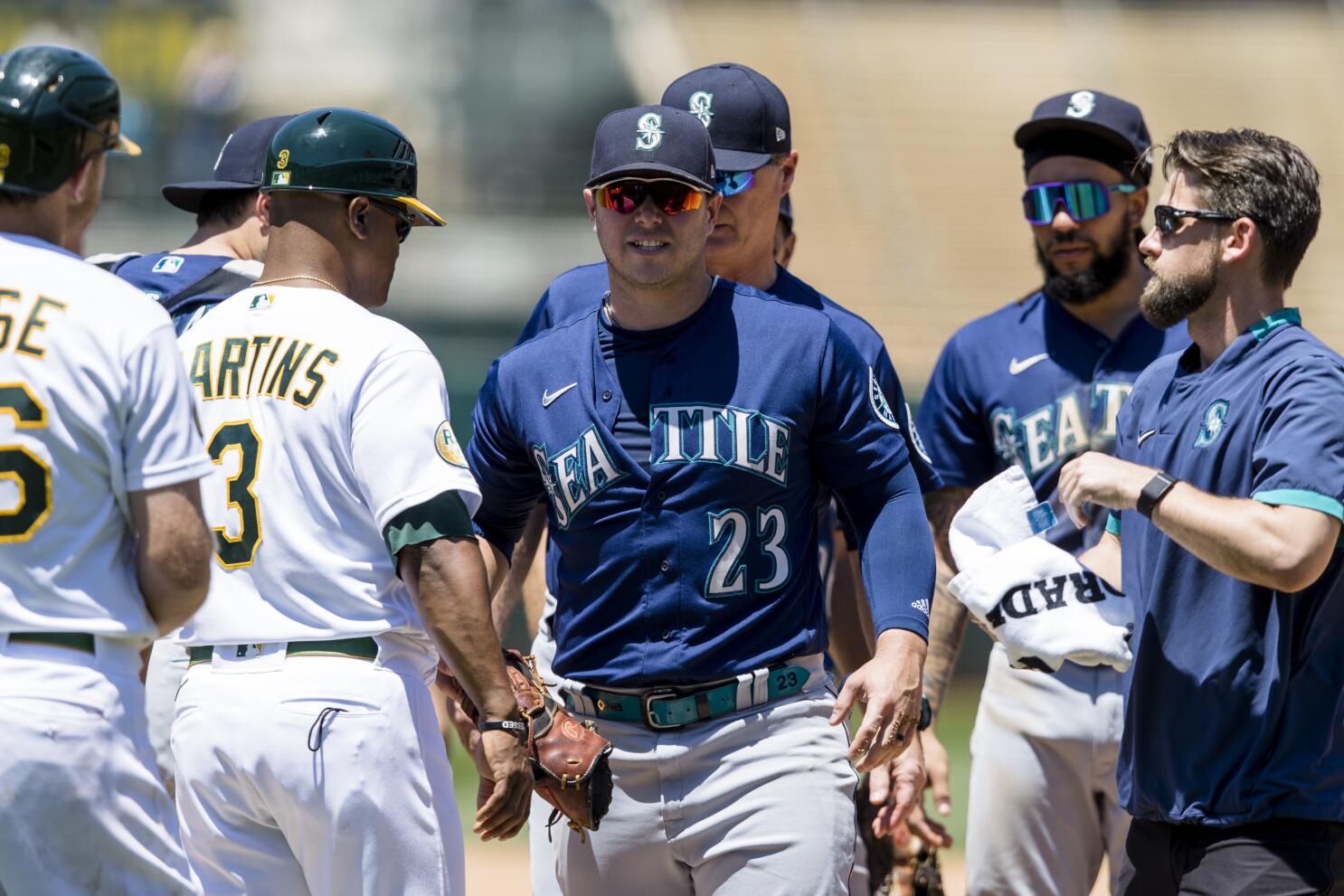 Seattle Mariners first baseman Ty France wears a San Diego State