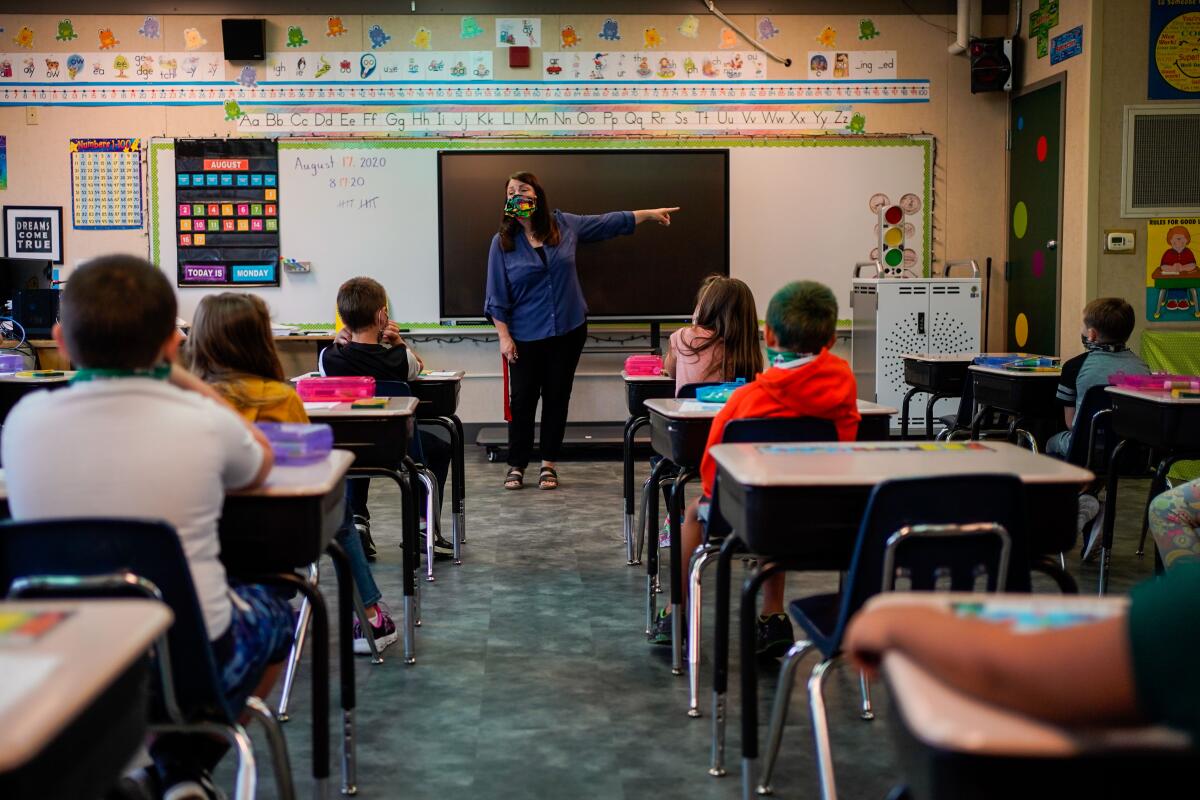 Second-graders listen to teacher Darsi Green at Weaverville Elementary School in California's Trinity County.