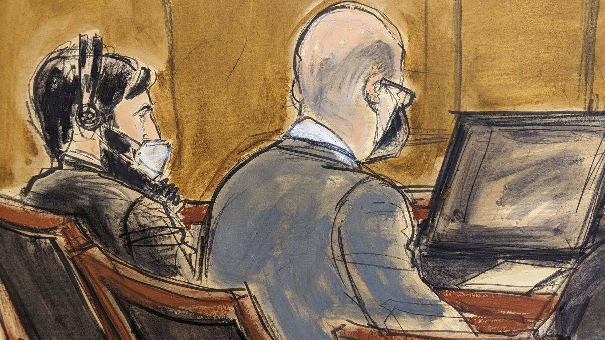 A courtroom sketch of a man with dark hair and beard, wearing a headphones and mask, seated next to another man, also masked