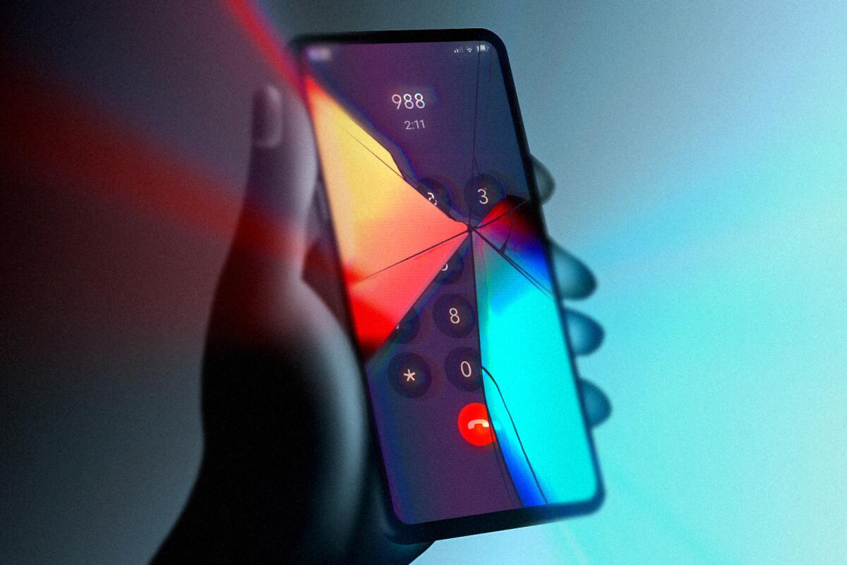 An illustration of someone holding a cracked iphone with 988 dialed and police lights creeping through the broken glass