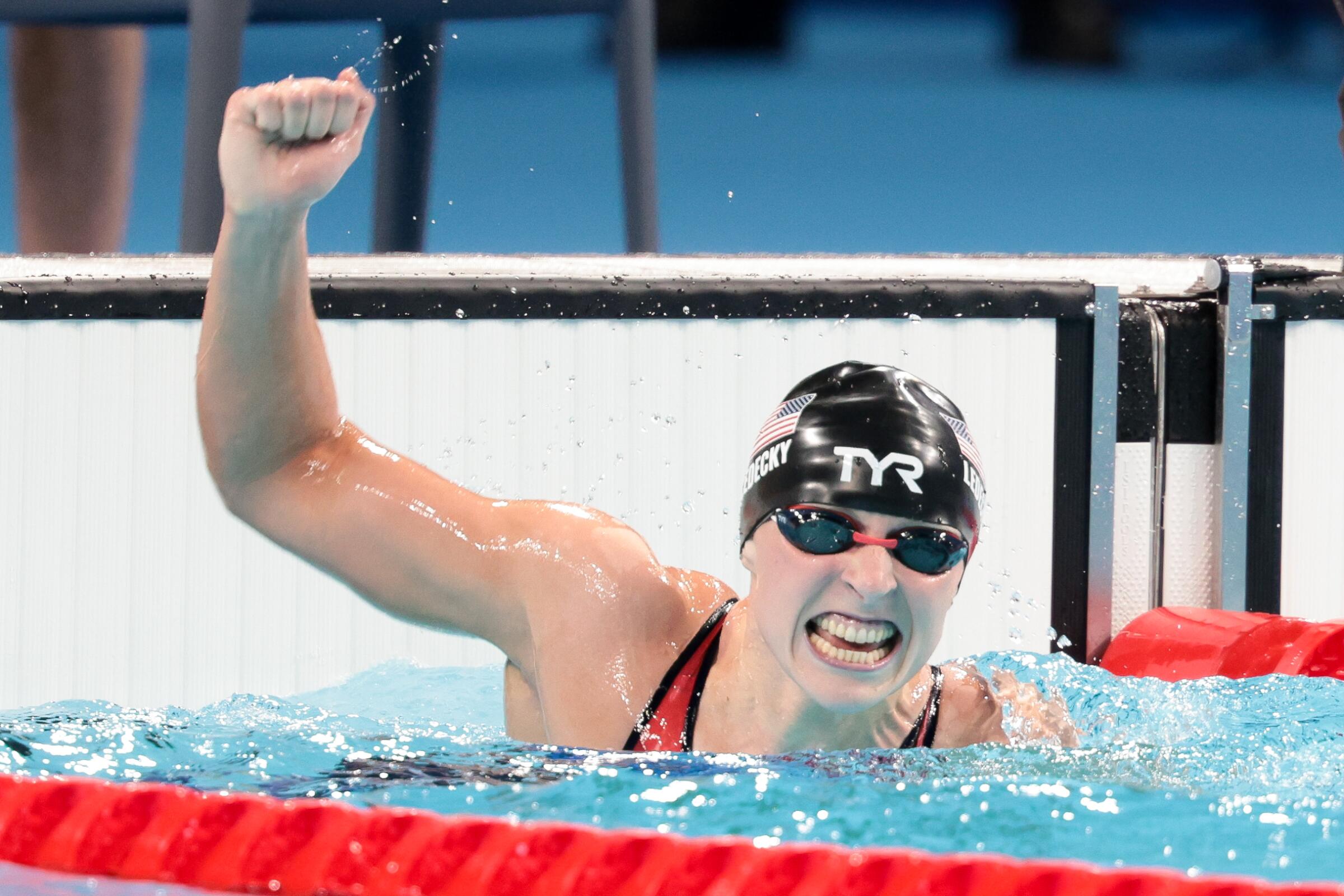 Katie Ledecky celebrates after winning the women's 1,500-meter final during the Paris Olympics Wednesday