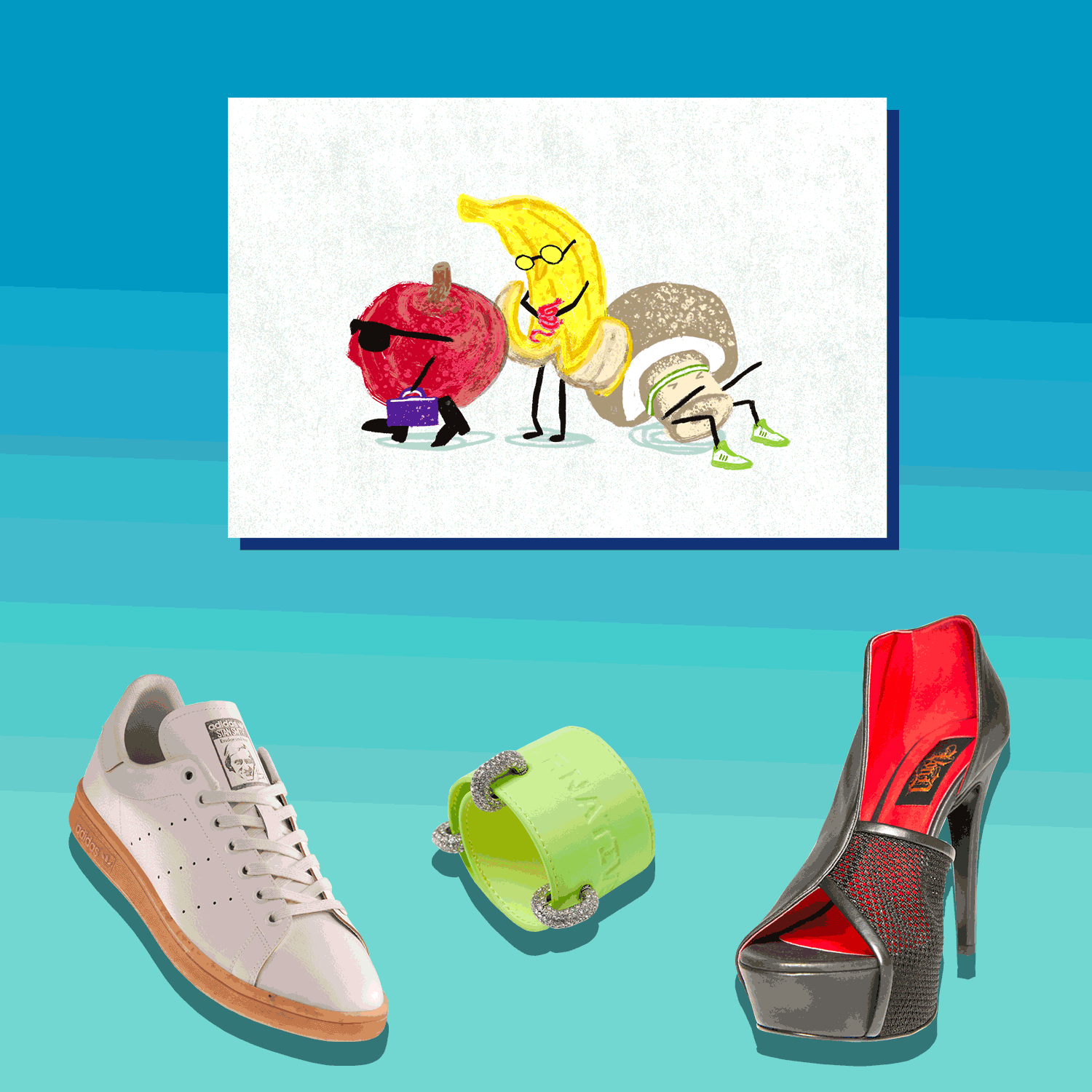 A white sneaker, a lime green arm cuff and a black high heel move back and forth.