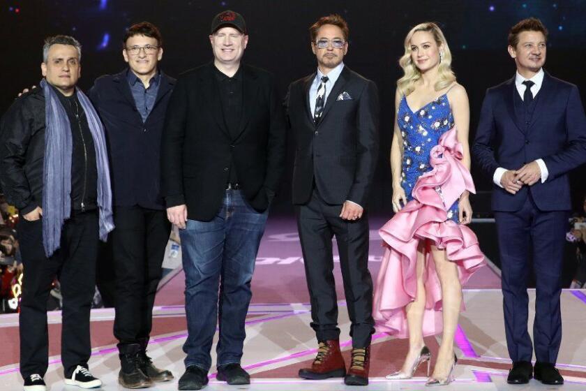 SEOUL, SOUTH KOREA - APRIL 15: Joe Russo, Anthony Russo, Kevin Feige, Robert Downey Jr., Brie Larson and Jeremy Renner(left to right) attend the fan event for Marvel Studios' 'Avengers: Endgame' South Korea premiere on April 15, 2019 in Seoul, South Korea. (Photo by Chung Sung-Jun/Getty Images for Disney) ** OUTS - ELSENT, FPG, CM - OUTS * NM, PH, VA if sourced by CT, LA or MoD **