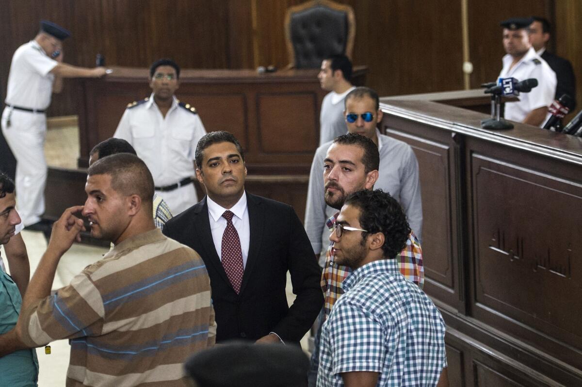 Al-Jazeera English journalists Mohamed Fahmy, left, of Canada and Baher Mohamed, an Egyptian, at their sentencing Aug. 29, 2015, in Cairo.