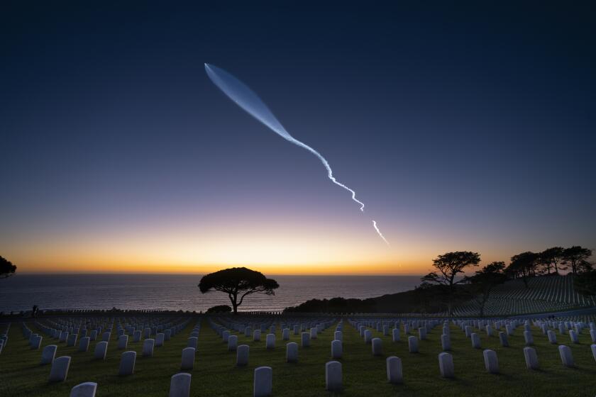 San Diego, Ft. Rosecrans National Cemetery: On Monday, April 1, 2024, after days of delays, SpaceX launched a Falcon 9 rocket carrying 22 Starlink satellites. Minutes after the launch, the rocket was visible from San Diego, including from Ft. Rosecrans National Cemetery. (Nelvin C. Cepeda / The San Diego Union-Tribune)