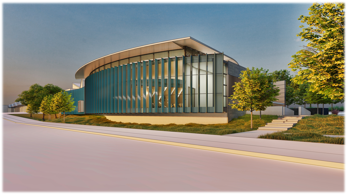 A conceptual drawing for the exterior of the proposed Newport Beach Library lecture hall project.