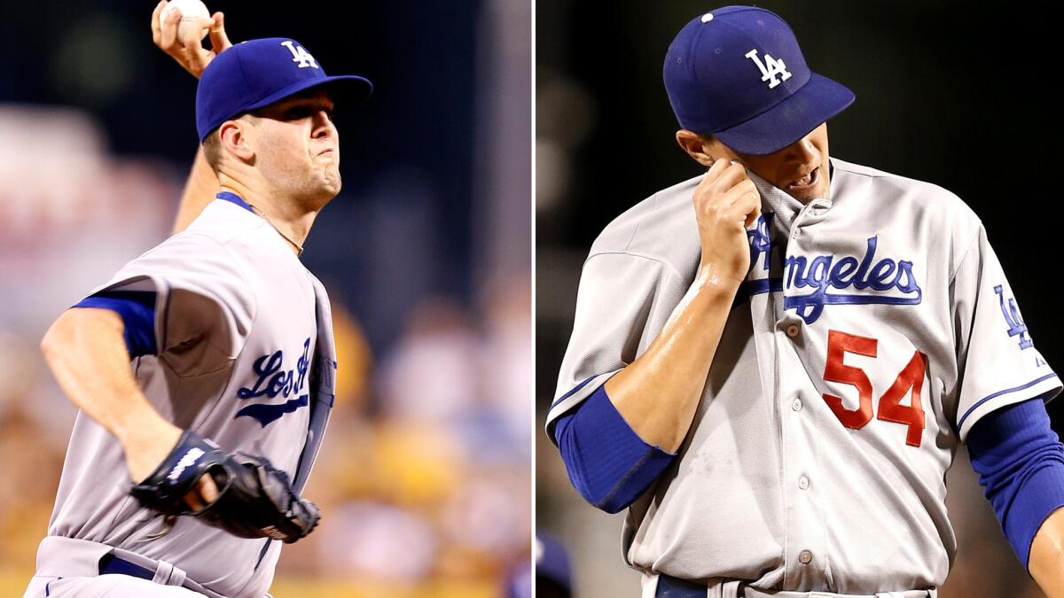 Recently acquired starter Alex Wood, left, and reliever Jim Johnson have not been effective since joining the Dodgers at the trade deadline.