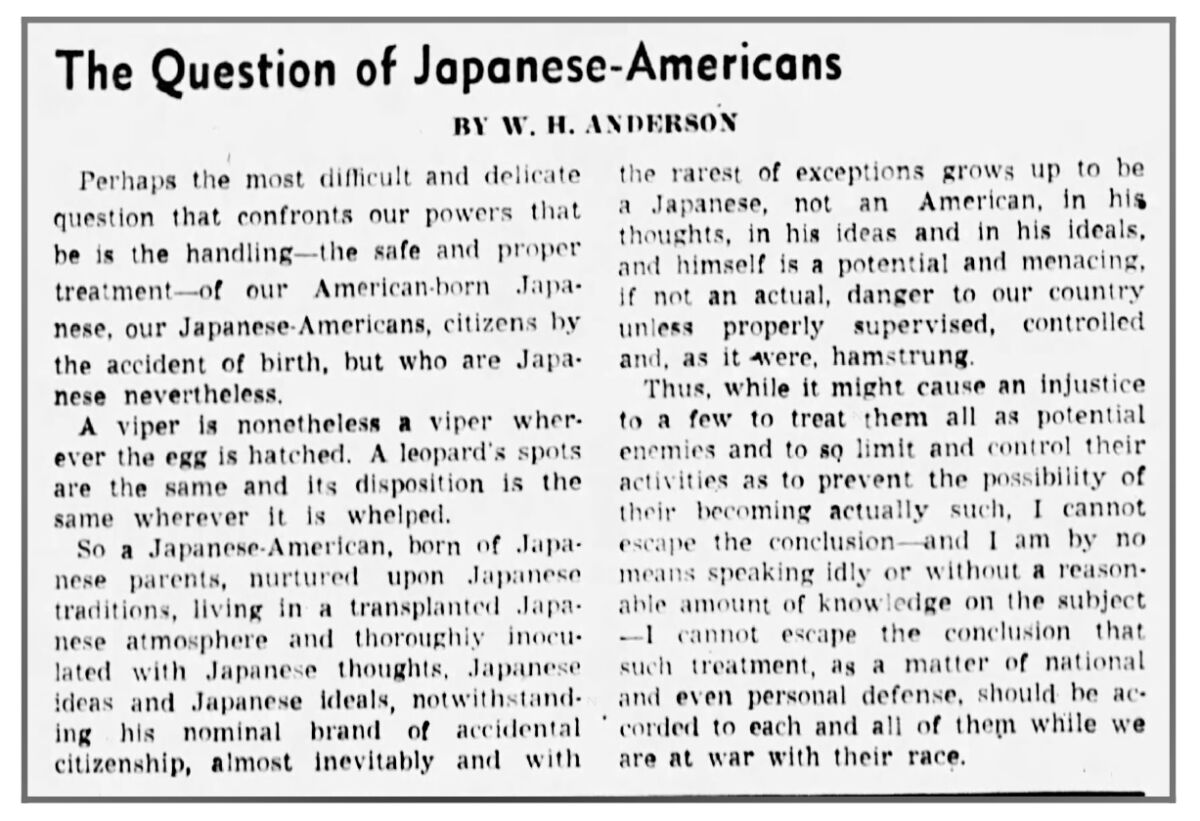 An old article in the Los Angeles Times headlined "The question of Japanese-Americans"