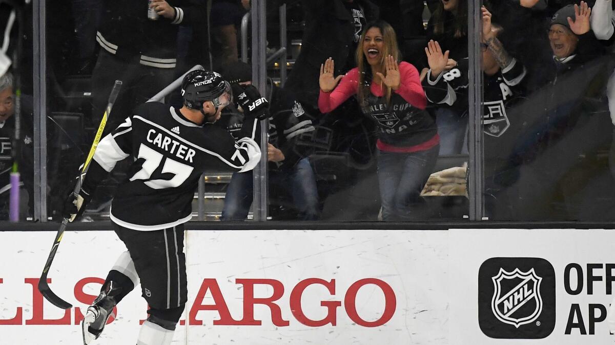 Kings center Jeff Carter celebrates his goal against the Columbus Blue Jackets on March 1 at Staples Center.