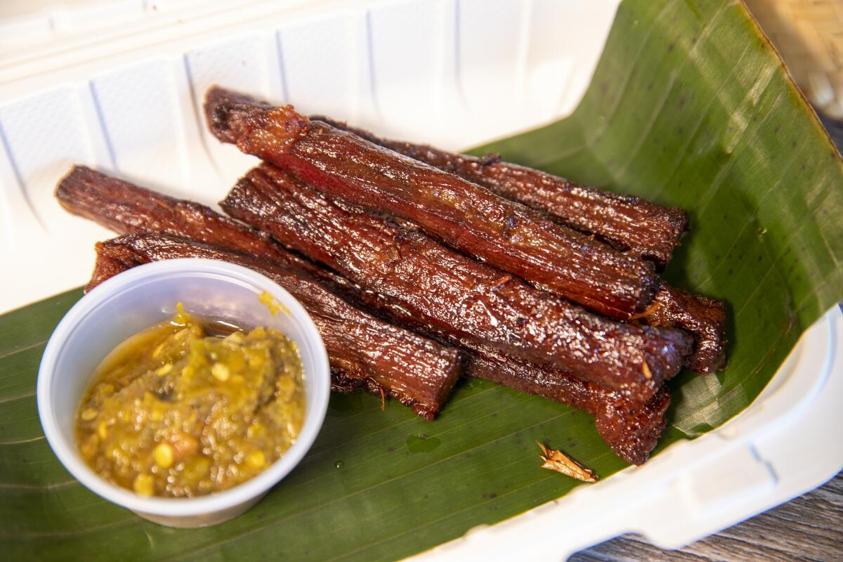 Deep-fried strips of beef jerky from Banana Leaf Kitchen in Huntington Beach.