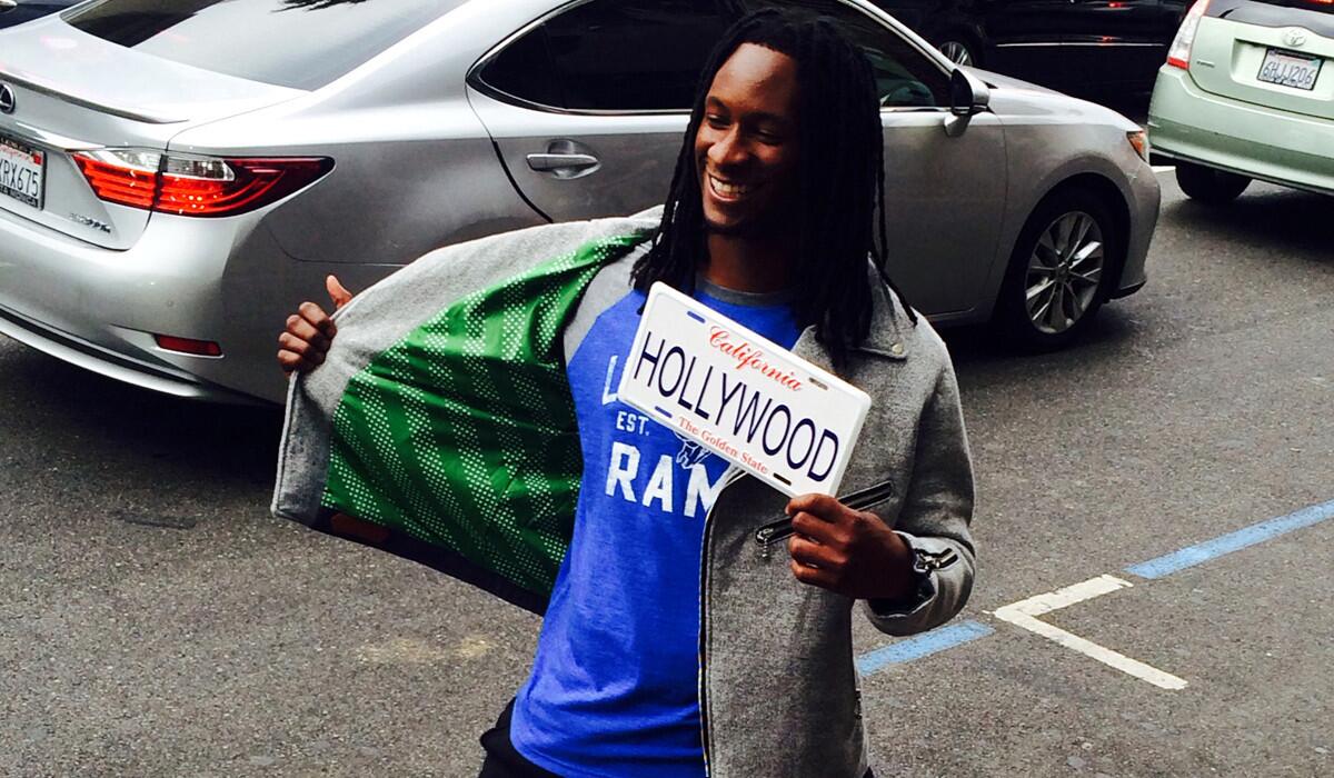 Rams running back Todd Gurley poses during photo shoot for an NFL line of menswear on Hollywood Boulevard.