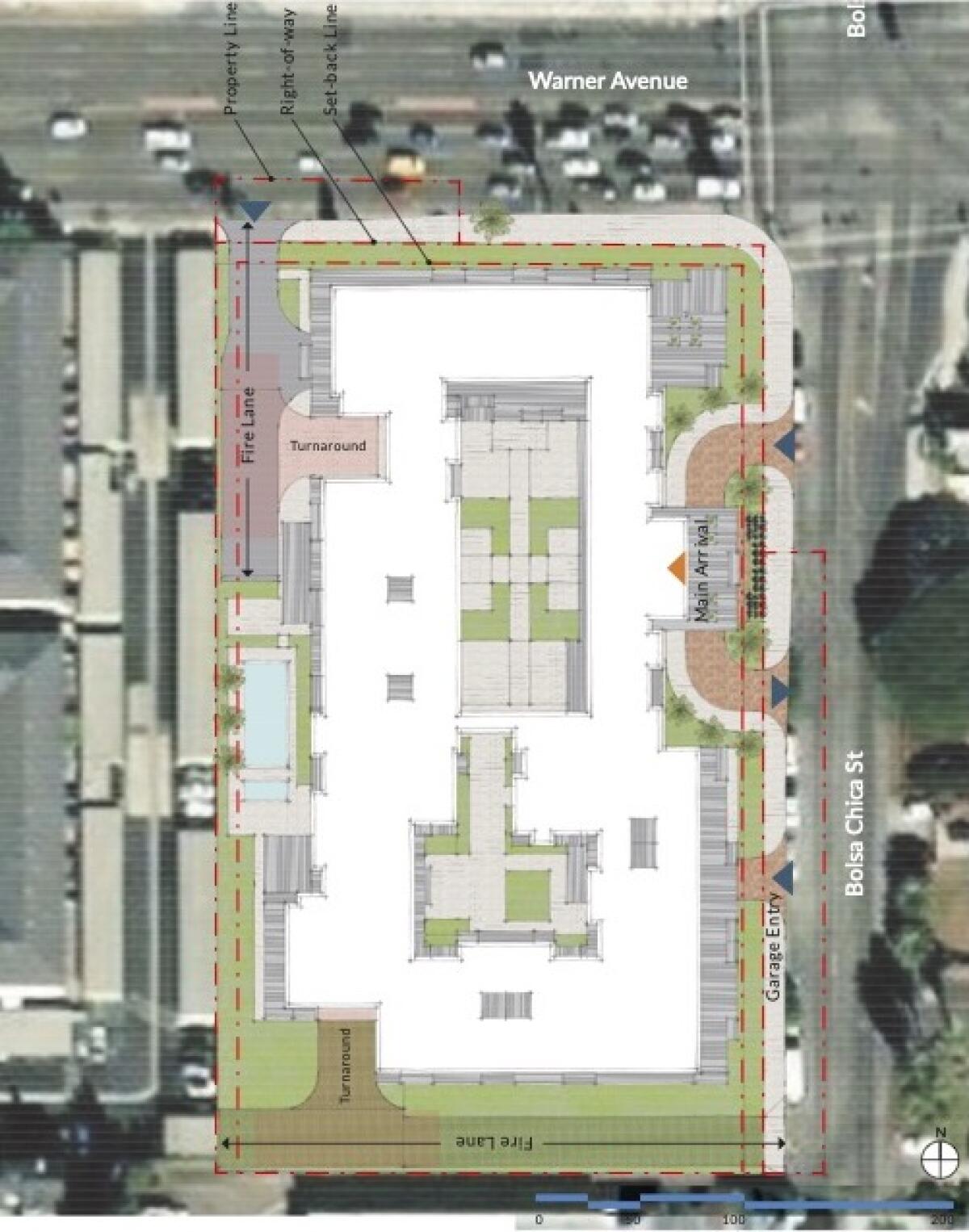 The proposed site plan for the Bolsa Chica Senior Living project.