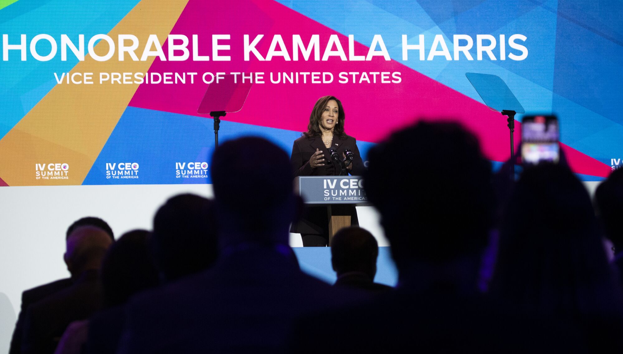 Vice President Kamala Harris speaks during the CEO summit at the the Summit of the Americas at the InterContinental Hotel.