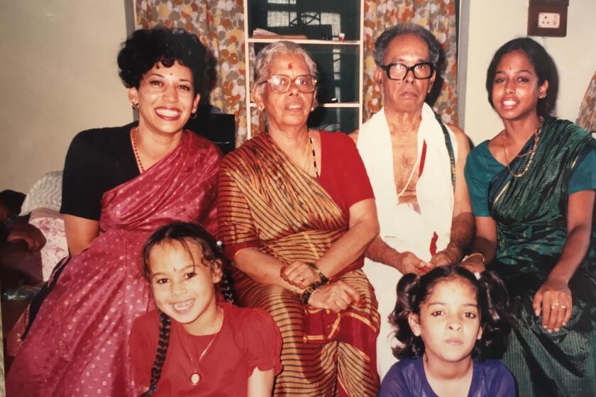 Kamala Harris, back row from left, with grandparents Rajam Gopalan and P.V. Gopalan and sister Maya Harris. In front are Maya's daughter, Meena, left, and the Harrises' cousin Sharada Balachandran Orihuela