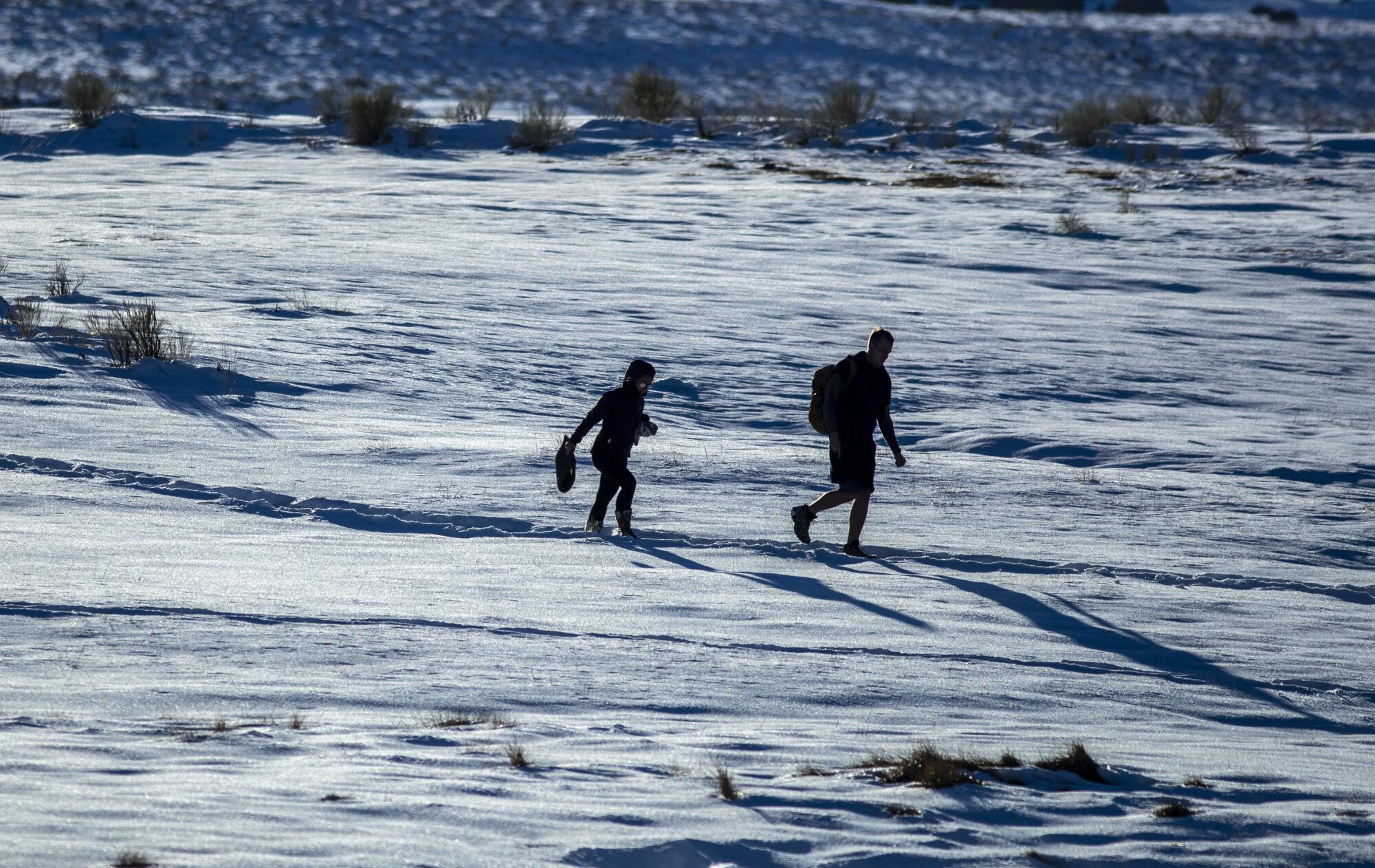 Two people walk in the snow.
