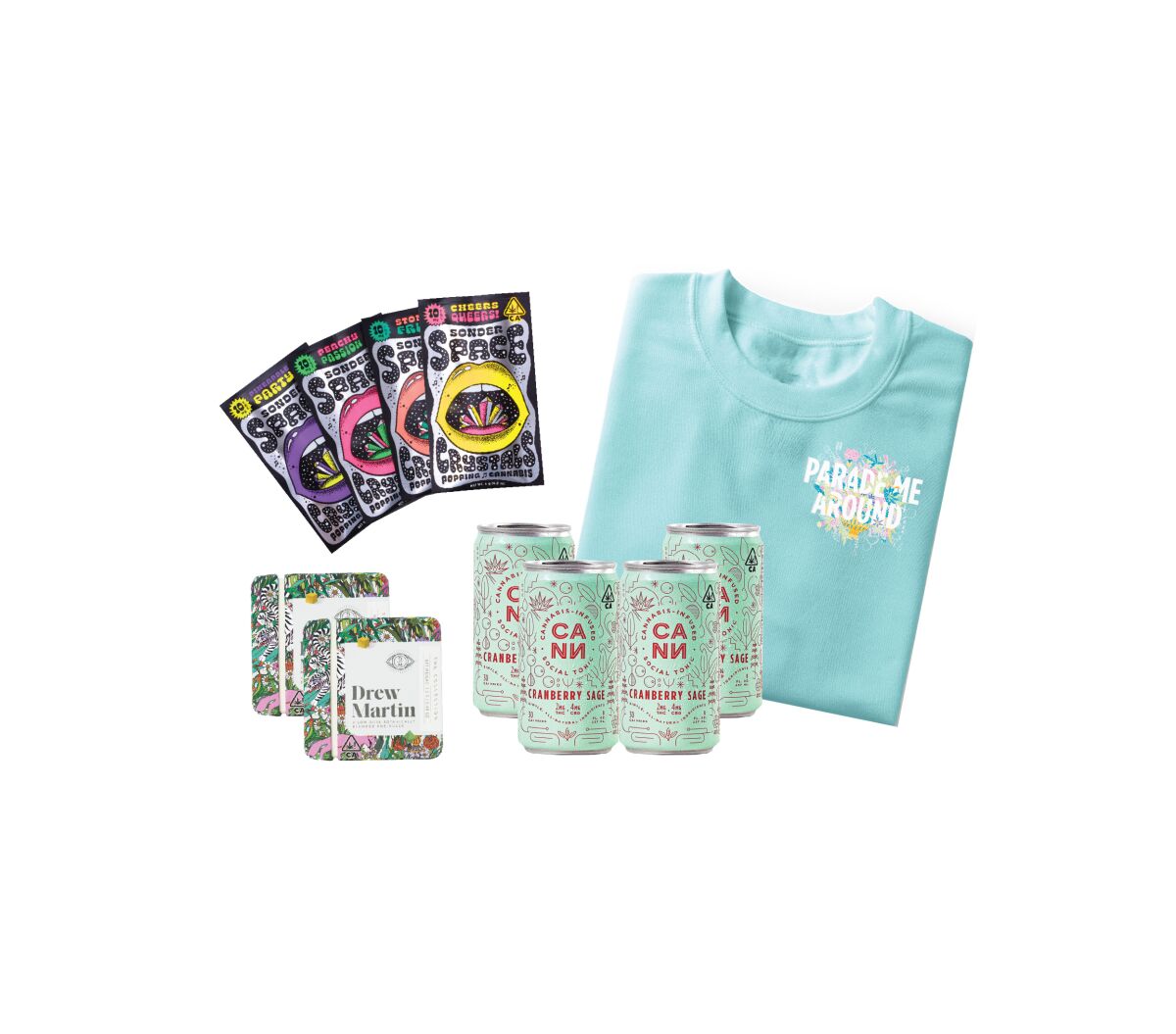 Assortment of three cannabis products and a sweatshirt