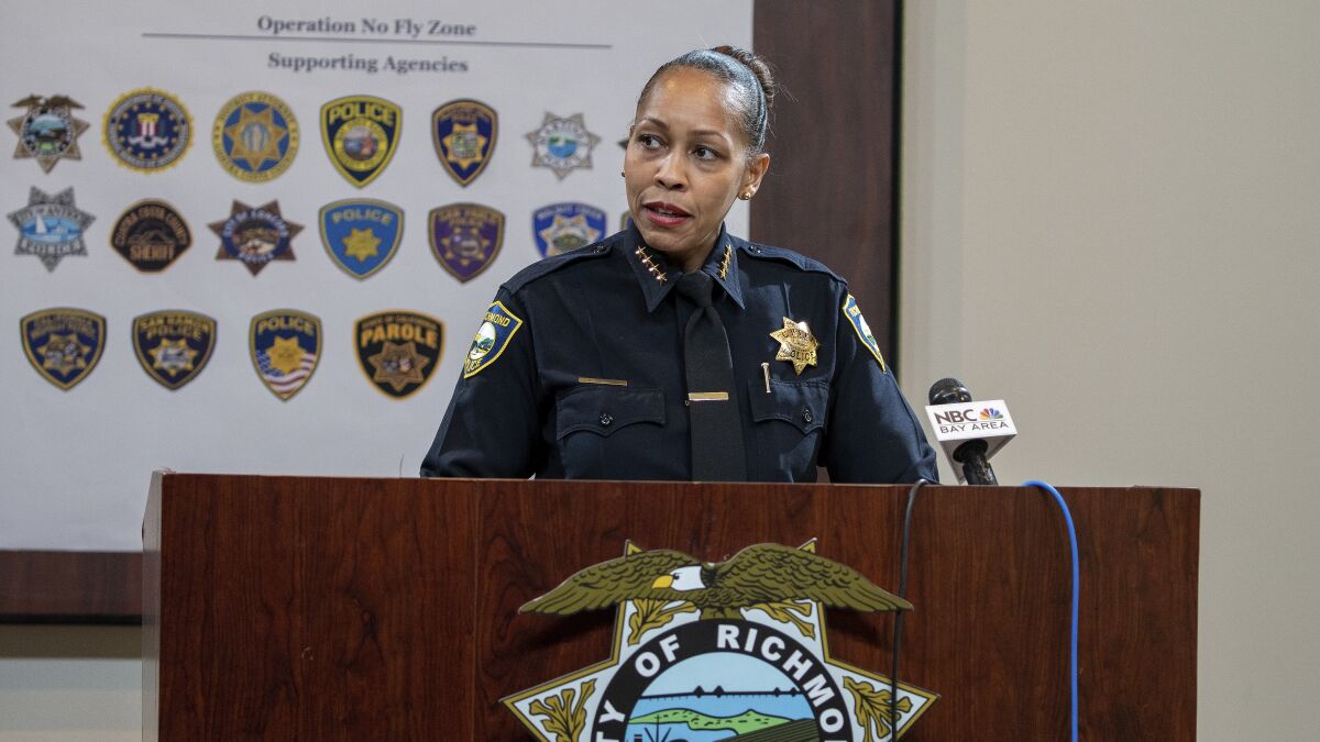 Richmond Police Chief Bisa French speaks at a news conference in Richmond, Calif., Thursday, May 7, 2020. French has been put on administrative leave after her 18-year-old daughter accused her and her police sergeant father of abuse. (Dylan Bouscher/Bay Area News Group via AP)