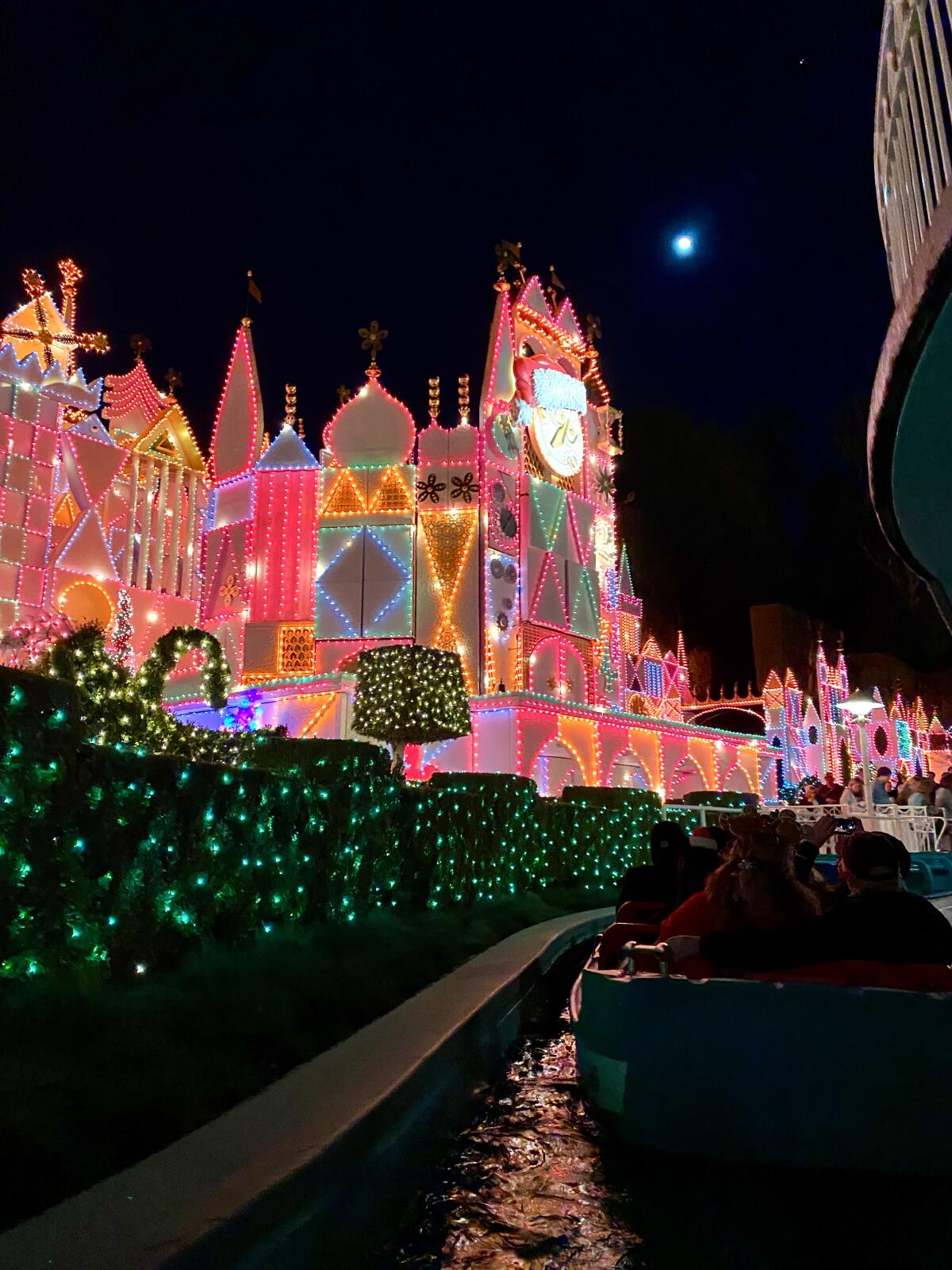 Lights on the façade of “It’s a Small World” at Disneyland for the holidays.