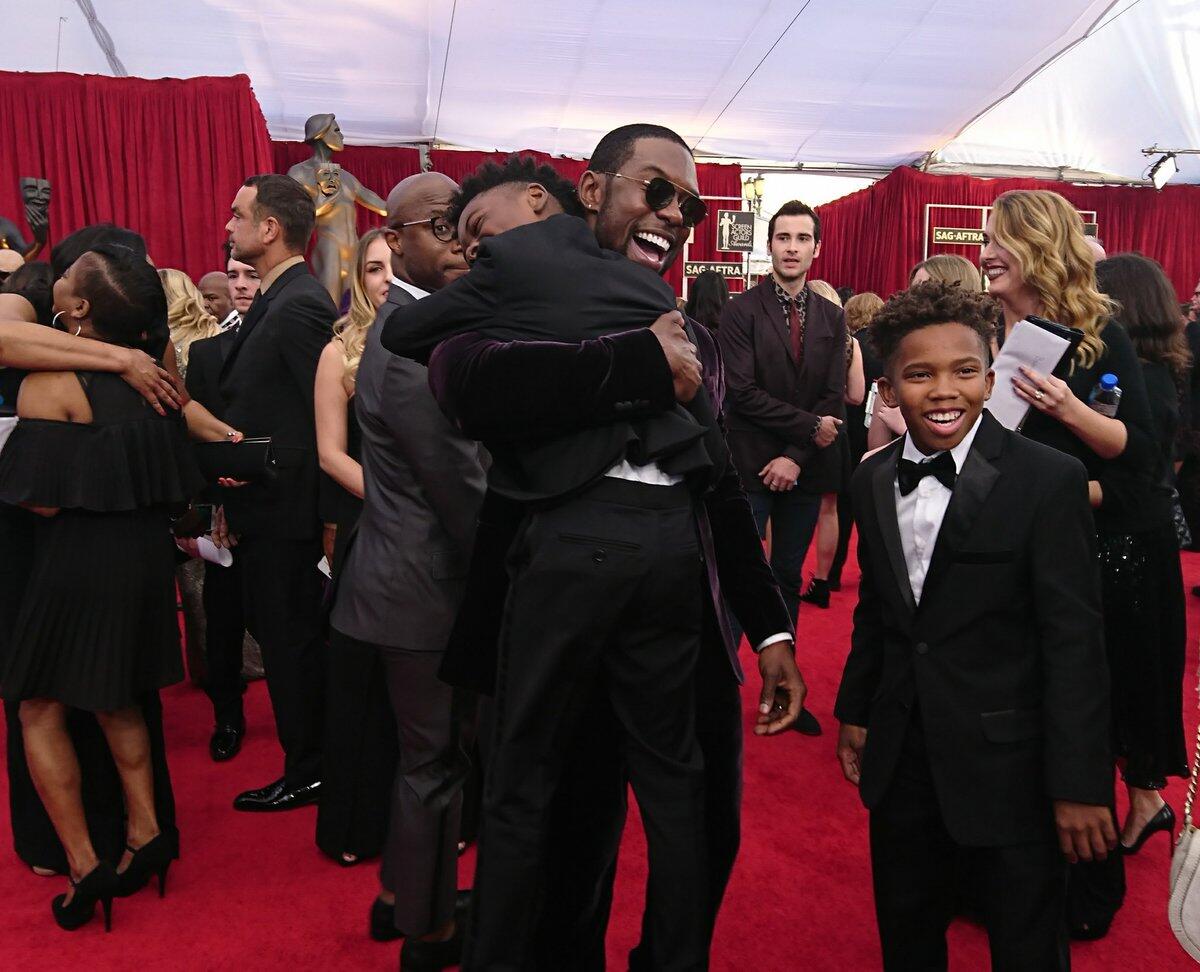 Trevante Rhodes with his "Moonlight" cast mates Alex R. Hibbert and Jaden Piner.