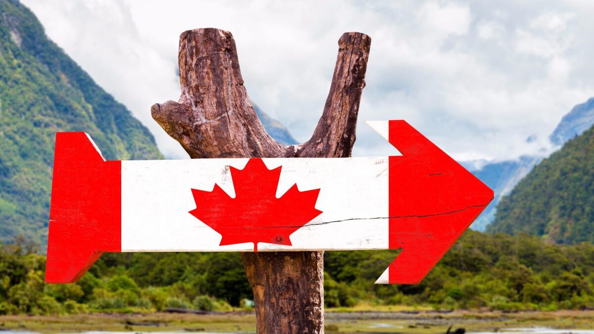 Canada wooden sign with mountains background.