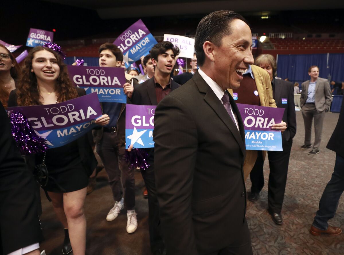 Todd Gloria, Democratic candidate for San Diego Mayor, arrives at Golden Hall on Tuesday.