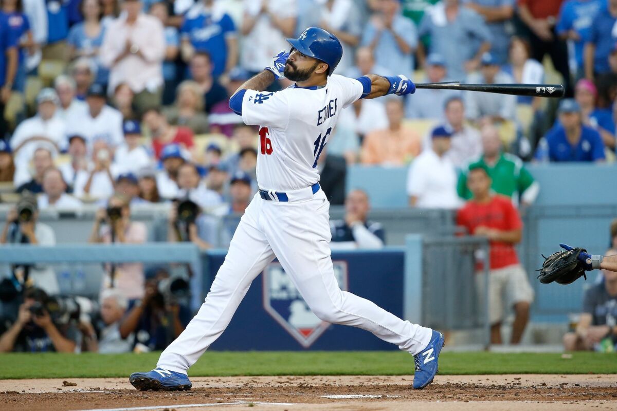 Andre Ethier hits a RBI single against the New York Mets in Game 5 of the National League Division Series at Dodger Stadium on Oct. 15.