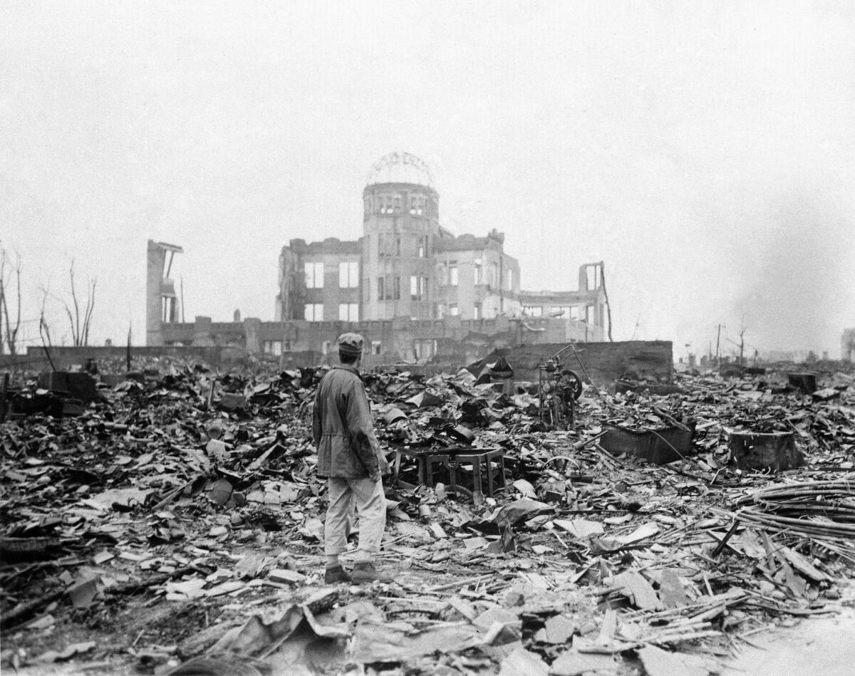 A photograph from 1945 shows some of the devastation in Hiroshima, Japan, after the atomic bomb blast. (Stanley Troutman / Associated Press)
