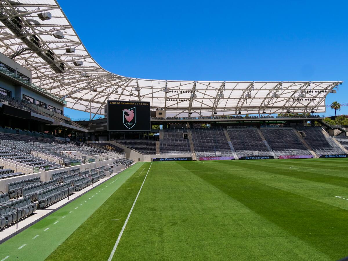 Angel City's crest is displayed at Banc of California Stadium 