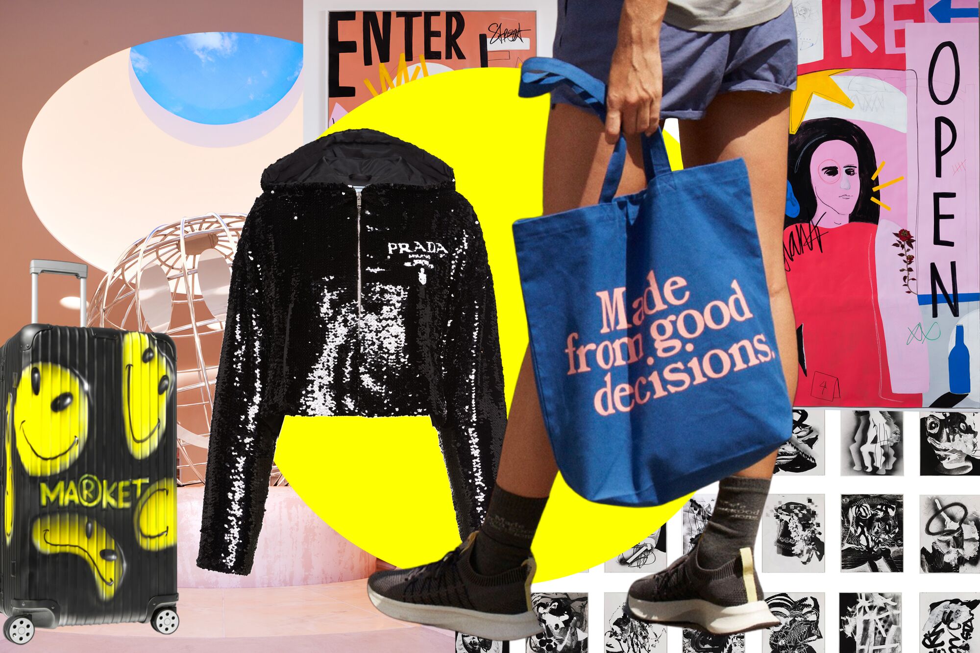 Photo collage featuring a prada black jacket, a tote bag that says "Made from good decisions" and other images
