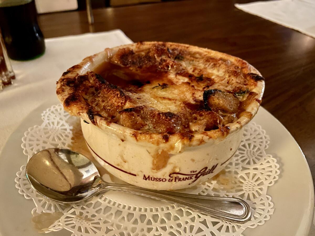 A bowl of gratin onion soup from Musso & Frank Grill in Hollywood.