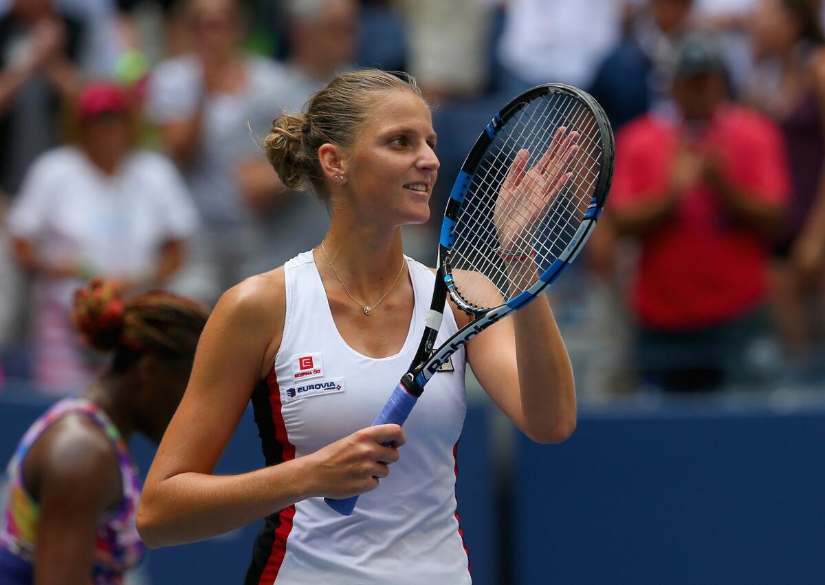 Karolina Pliskova reacts after her win over Venus Williams in the fourth round of the 2016 U.S. Open.