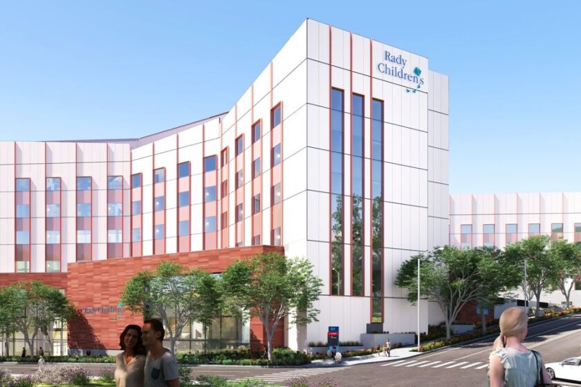 This artist's rendering shows the planned shape of a new seven-story medical tower at Rady Children's Hospital in San Diego