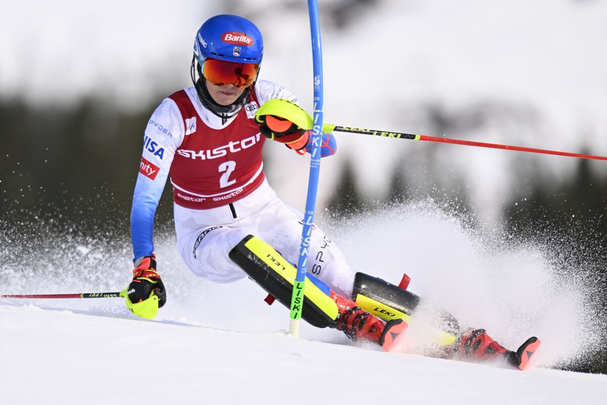 Mikaela Shiffrin of the USA competes during an alpine ski, women's World Cup slalom race in Are, Sweden, Saturday. March 12, 2022. (Pontus Lundahl/TT via AP)