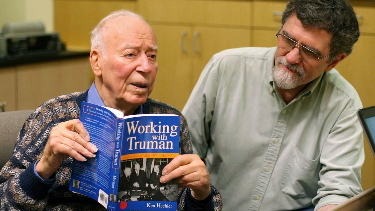 Former West Virginia congressman Ken Hechler discusses his novel "Working with Truman," with filmmaker Russ Barbour in 2008.
