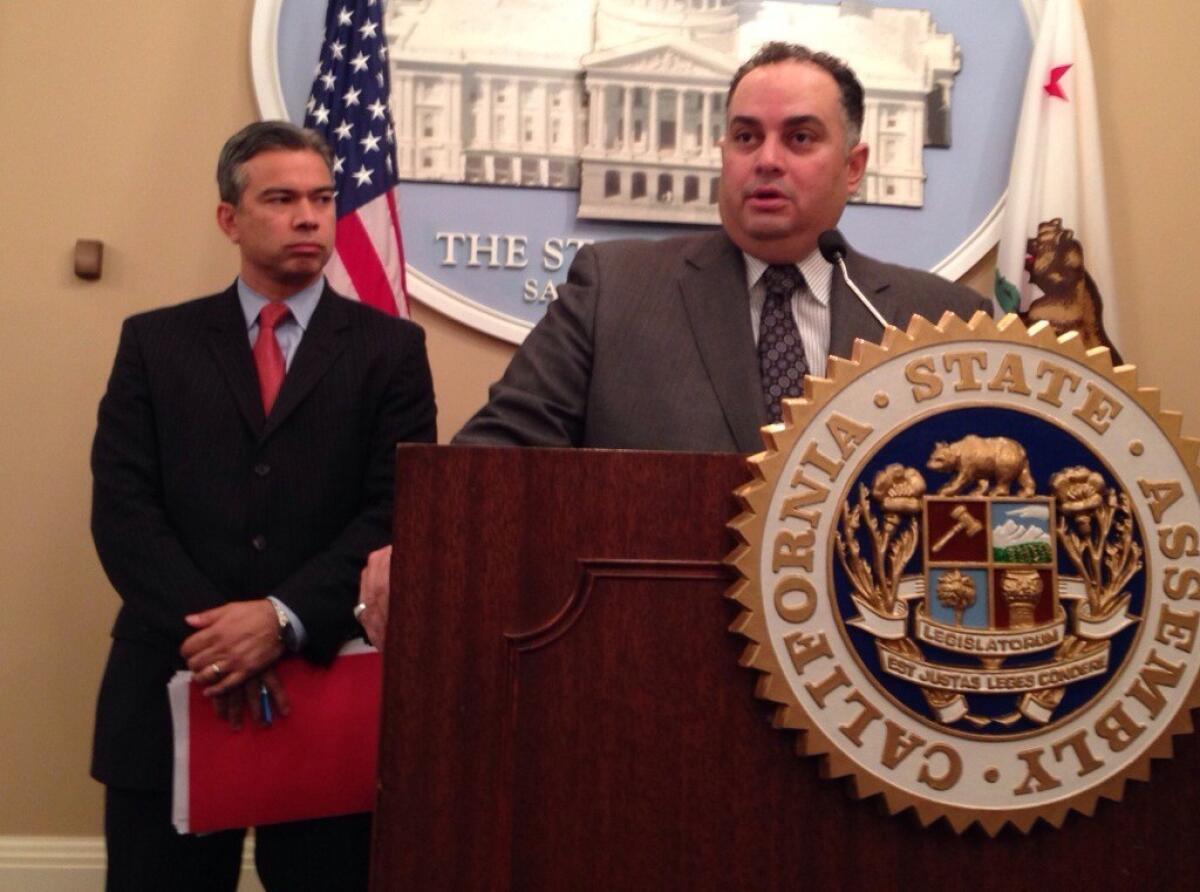 California Assembly Speaker John A. Pérez (D-Los Angeles), right, and Assemblyman Rob Bonta (D-Alameda) announced plans Wednesday for public hearings examining teacher pension problems.