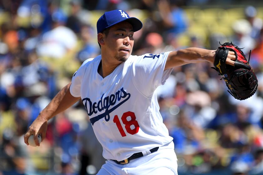 LOS ANGELES, CA - SEPTEMBER 08: Kenta Maeda #18 of the Los Angeles Dodgers pitches in relief in the fourth inning of the game against the San Francisco Giants at Dodger Stadium on September 8, 2019 in Los Angeles, California. (Photo by Jayne Kamin-Oncea/Getty Images)