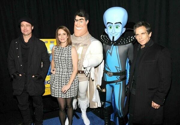 The voice cast behind the new animated film "Megamind" celebrated the new Dreamworks picture on both coasts this week with premieres in Los Angeles and New York (click through to see photos from both). Here, Brad Pitt, left, Tina Fey and Ben Stiller pose together at the Big Apple premiere at Lincoln Square Theater. The 3-D flick revolves around a super villain named Megamind (Will Ferrell) who defeats his longtime nemesis Metro Man (Pitt), only to find his life empty and pointless.