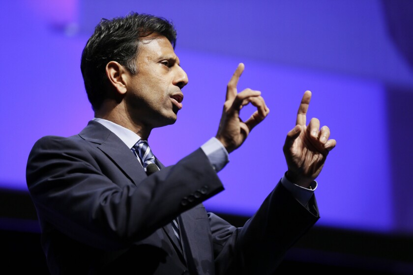 Louisiana Gov. Bobby Jindal, seen here speaking at the Family Leadership Summit last month in Ames, Iowa, released an energy strategy Tuesday that would repeal Obama administration efforts to combat climate change.