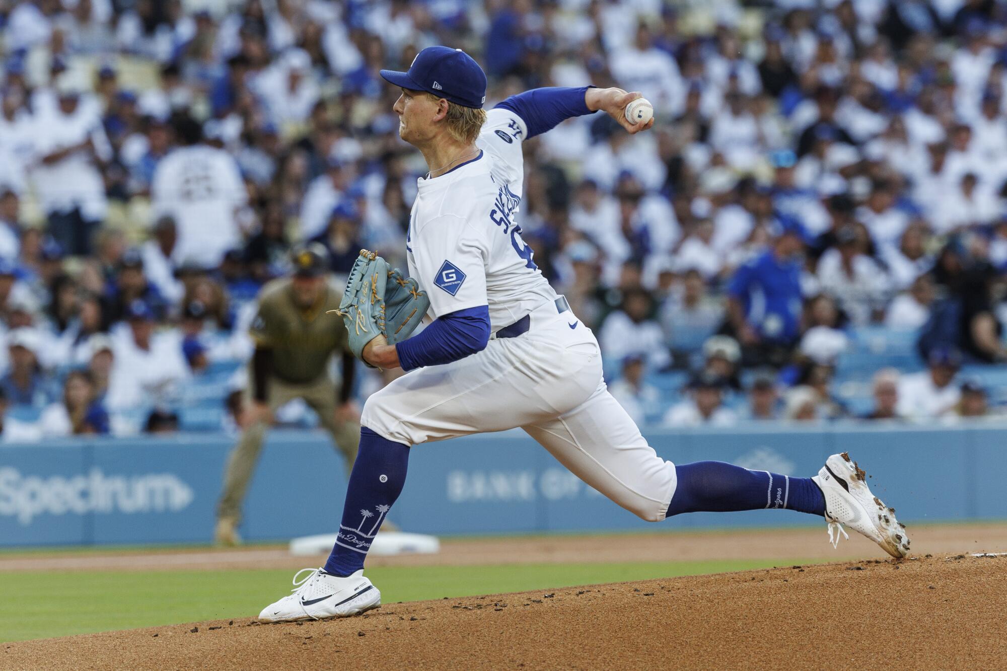Emmet Sheehan delivers against the Padres on Wednesday night at Dodger Stadium.